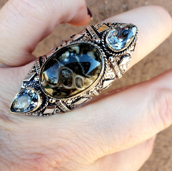 New Turtella Agate Fossil & White Topaz 925 Silver Statement Ring. - Picture 15 of 16